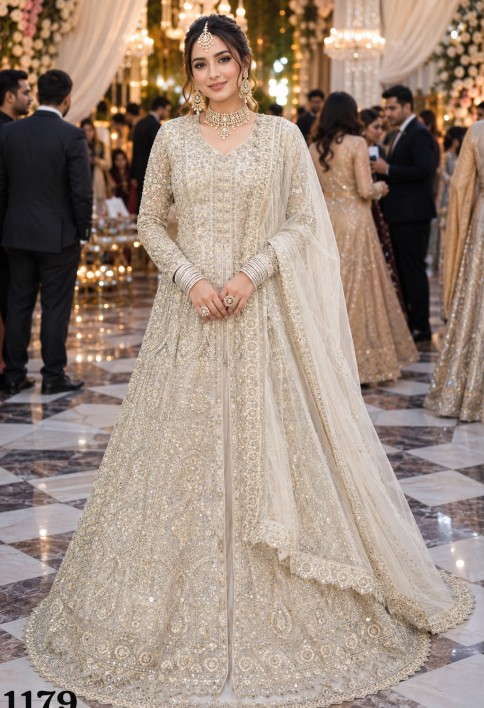 Off White Net Readymade Lehenga Choli with Diamond, Embroidered and Sequins Work